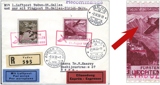 [7374.30.13] 1930, Postflug Vaduz - St.Gallen, 1 Fr. Flugzeug, "Senkrechte weisse Wischstriche"