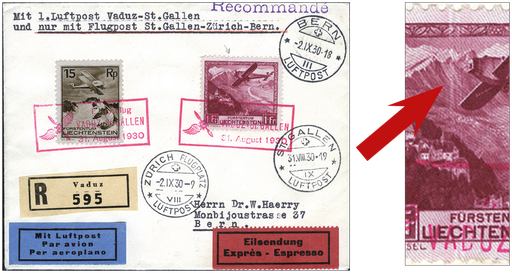 [7374.30.13] 1930, Postflug Vaduz - St.Gallen, 1 Fr. Flugzeug, &quot;Senkrechte weisse Wischstriche&quot;