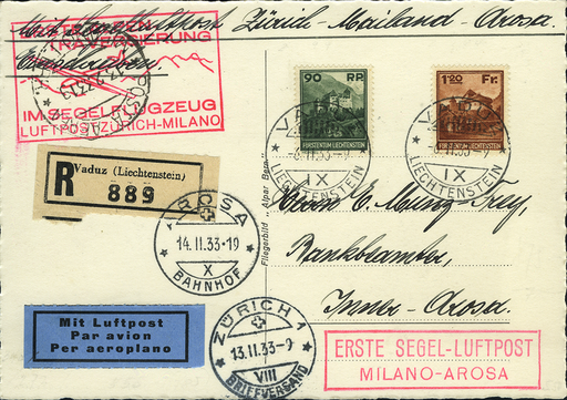 [7374.33.16] 1933, Schleppsegelflug Zürich - Milano - Arosa ab Liechtenstein