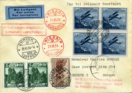 [7374.34.04] 1934, Balkanflug der Swissair, Zürich - Istanbul - Zürich ab Liechtenstein