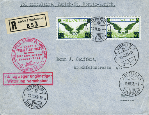 [7374.35.19] 1935, 1. Winterluftpost in den Bündneralpen, Zürich - St. Moritz - Zürich