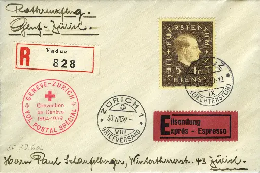 [7374.39.10] 1939, Genf - Zürich - Genf, Rotkreuz-Postflüge ab Liechtenstein