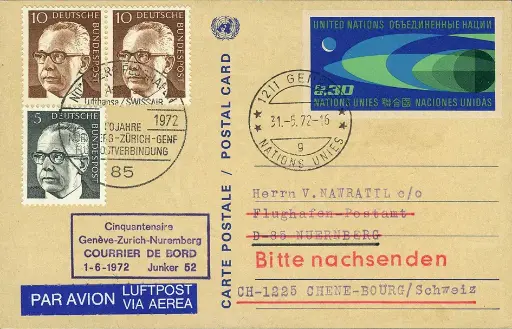 [7374.72.12] 1972, Genf - Nürnberg, deutsche und UNO Frankatur, Jubiläumsflug der JU-52 "50 Jahre Internationaler Luftpostverkehr"