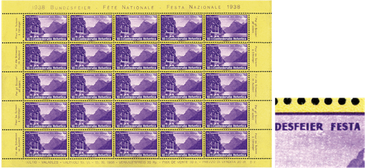 [7400.1.29] 10+10 Rp. violett-gelb, "Retouche unter R von Bundesfeier"