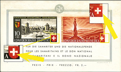 [7400.17.11] 10+10 Rp. ungezähnt, "senkrechter farbloser Strich durch Kreuz-Wappenschild u. retouchierter Rotzylinder und verstümmeltes Kreuz"