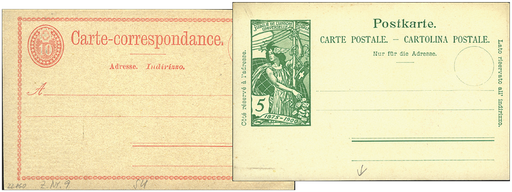 [7591.1875.02] 1875-1900, Suchard-Zudrucke, ungebauchte Postkarte Nr. 9 und 5 Rp. und UPU-Ganzsache grün