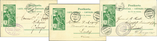 [7591.1900.02] 1900, Suchard-Bildzudrucke, 3 verschiedenen 5 Rp. UPU-Postkarten grün