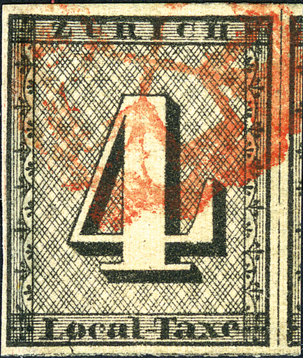 [7012.1.39] 1843, Zürich 4, Type II, Plattenfehler: "Farbiger Strich von der Schnittlinie durch das O"