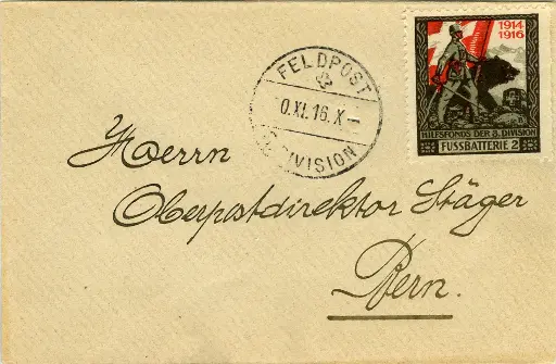[7594.52.01] grünlichgrau-schwarzbraun-rot, FUSSBATTERIE 2, Soldat mit Schweizer Fahne und Bär, "Spazierstock"