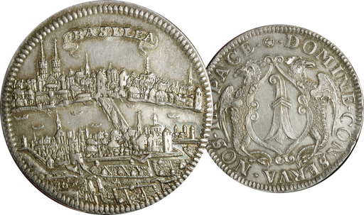 [8012.1670.01] 1670, Taler Basel, Wappen zwischen Basilisken Rs.: Stadtansicht Münster links