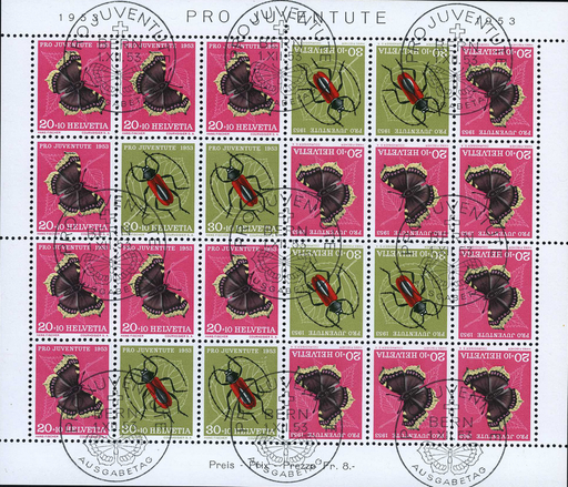 [7390.41.34] 1953, Kehrdruckbogen, 20 Rp. Trauermantel + 30 Rp. Purpur-Bockkäfer, Abart "Schmetterling Ei"