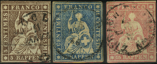[7150.22.67] 1854-1862, Strubel, ungezähnt, 5 Rp. - 15 Rp.