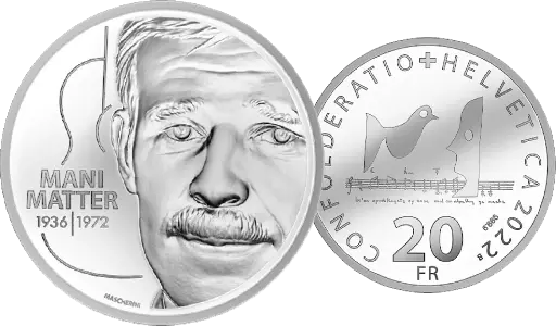 [7996.2022.04] 2022, 20 Fr. Gedenkmünze "Mani Matter" Nr. 20, mit Künstlerzertifikat