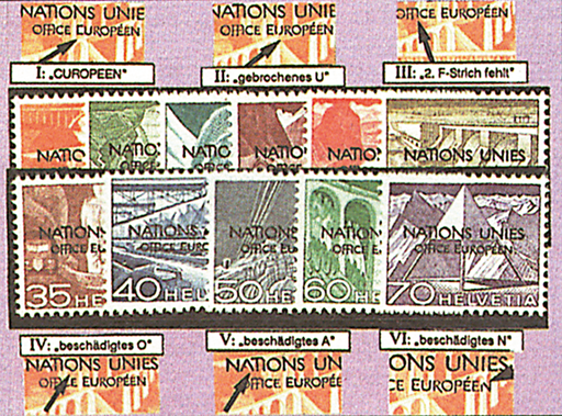 [7490.1.11] 1950, Freimarken mit Aufdruck "NATIONS UNIES OFFICE EUROPÉEN"