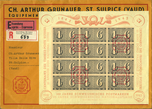 [7411.16.07] 1943, Luxusblatt 100 Jahre Schweizerische Postmarken