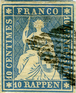 [7152.23.01] 10 Rp. preussischblau, schwarze eidg. Raute, farbenfrisch, breitrandig, mit zwei Abarten