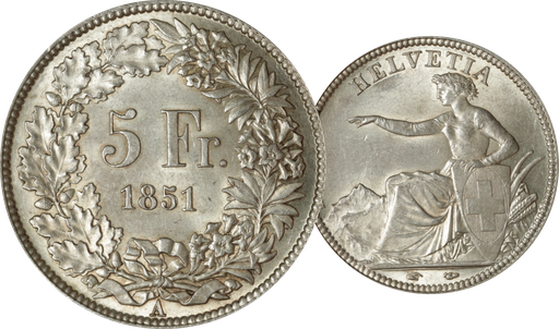 [7878.1851.02] 1851, 5 Fr. Silber-Kursmünze Sitzende Helvetia