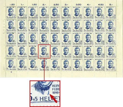 [7400.128.07] 5+5 Rp. Heinrich Federer, "Blauer Farbfleck am Kragenumschlag" Originalbogen