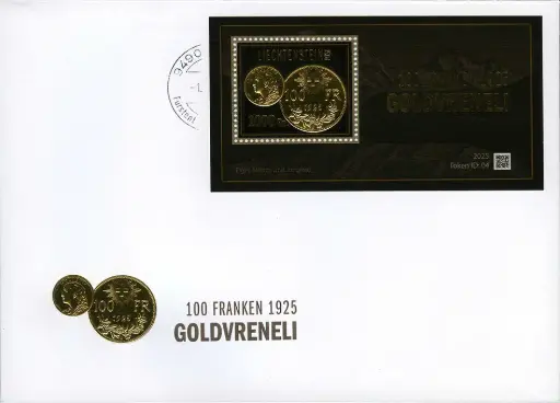 [7829.2025.57] 2025, 100 Franken GOLDVRENELI von 1925 auf Ersttagsbrief