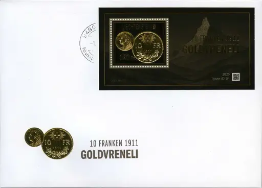 [7829.2025.60] 2025, 10 Franken GOLDVRENELI von 1911 auf Ersttagsbrief