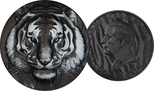 [7986.2025.45] 2025, 5 Dollars, Black & White - Tiger, Cook Islands