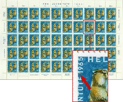 [7390.211.03] 10+10 Rp. Murmeltier, "Retouche in der 1 von 1965" Originalbogen 