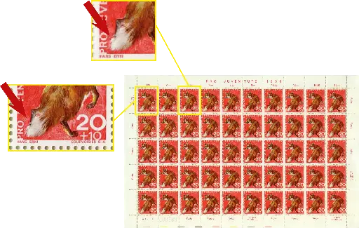 [7390.217.06] 20+20 Rp. Fuchs, "Retouche in der Schwanzspitze und über Erni" Originalbogen  