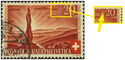 [7400.16.06] 20+10 Rp. Forch-Denkmal, "Retouche zwischen Wolke und 2" 