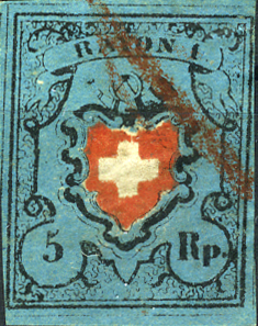 [7037.15.09] Type 38, Rötelentwertung, farbenfrisch, allseitig breiter Schnitt, Schnittlinien auf zwei Seiten vorhanden