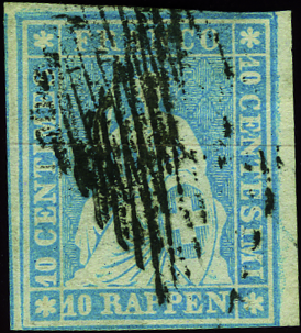 [7159.23.04] 10 Rp.hellgrünlichblau, Münchner Seiden-Papier ohne Stärke, schwarze Raute, farbenfrisch, vierseitig voll- bis überrandig, rechte obere Bogeneck ein guter Erhaltung.