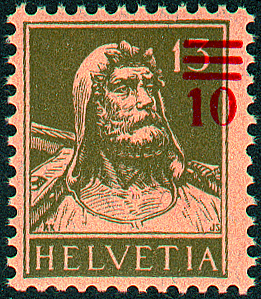 [7300.149.05] 10-13 Rp. grünoliv, sämisch, "Stark verschobener Aufdruck weit in den Markenrand die 1 von 13 freilassend"