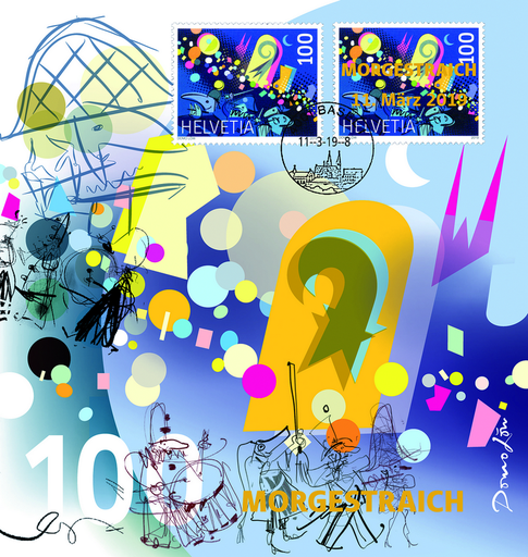 [7320.1712.03] 2019, Basler Fasnacht -Normalmarke und Marke mit Goldaufdruck und ET-Stempel