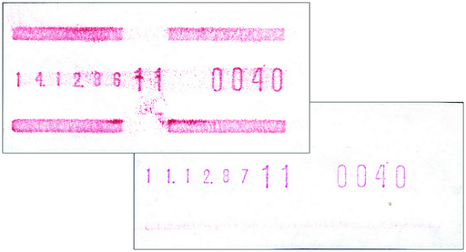 [7325.1987.01] 1987, Schalterfreistempel, "Farbe rosa statt lila, einmal Rahmen fehlend und einmal statt Rahmen mit vier Balken"