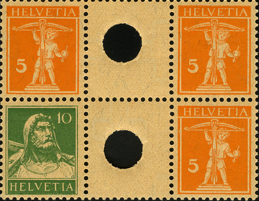 [7350.24.05] 5+5 Rp., rotorange, 10+10 Rp. grün u. rotorange, sämisch
