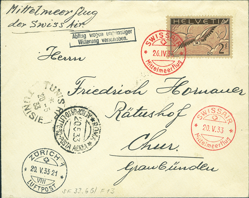 [7374.33.04] 1933, SWISSIAR, Mittelmeerflug Zürich-Tunis-Rom