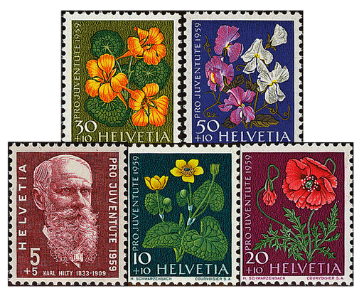 [7390.178.01] 1959, Bildnis Karl Hiltys, Wiesen- und Gartenblumen