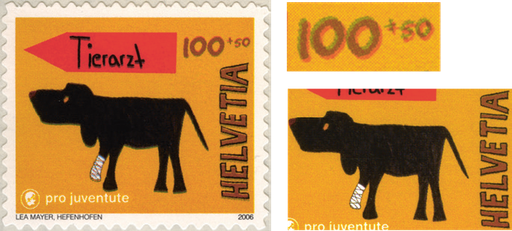 [7390.383.01] 100+50 Rp. Tierärztin, "Unterdruck stark verschoben, dadurch Schrift schattiert"