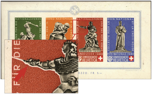 [7400.12.07] 1940, Bundesfeierblock I, "Rotdruck stark verschoben"