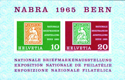 [7410.43.05] 1965, Nationale Briefmarkenausstellung in Bern (NABRA), "Fehlender Dunkelblaudruck - ohne Rauten"