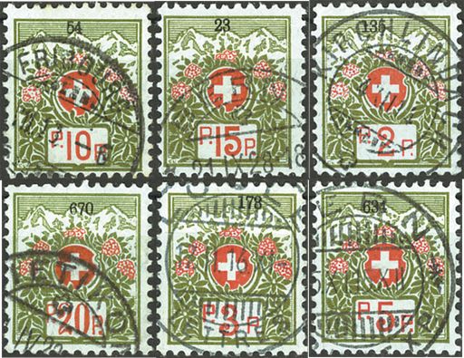[7568.2.05] 1911-1926, Schweizer Wappen und Alpenrosen, blaugrünes Papier