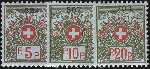 [7568.8.03] 1911-1926, Schweizer Wappen und Alpenrosen, blaugrünes Papier