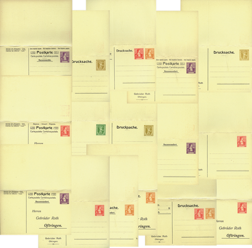 [7591.1907.06] 1907, private Doppelpostkarten 10 Rp.+12 Rp. +15 Rp. Helvetia Brustbild rot-ocker-lila