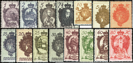 [7820.25.01] 1920, Wappenmuster, Landschaften und Fürstenbilder