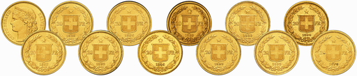 [7872.1883.02] 1883+1886, 1889-1896, Komplett-Sammlung (ausser 1888) 20-Franken-Goldmünzen "HELVETIA"