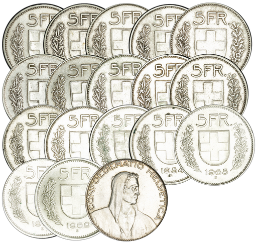 [7875.1931.01] 1931-1969, Komplett-Kollektion der 5 Fr. Kursmünze "Hirtenkopf"