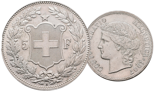 [7877.1907.01] 1907, 5 Fr. Silber-Kursmünze Helvetiakopf