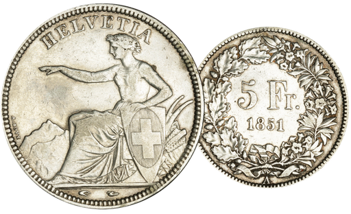 [7878.1851.01] 1851, 5 Fr. Silber-Kursmünze Sitzende Helvetia