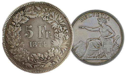 [7878.1874.01] 1874, 5 Fr. Silber-Kursmünze Sitzende Helvetia mit Münzzeichen B.