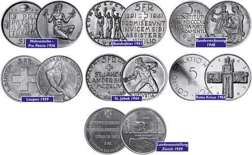 [7880.1936.02] 1936-1963, 5 Fr. Silber-Gedenkmünzen Komplett-Kollektion