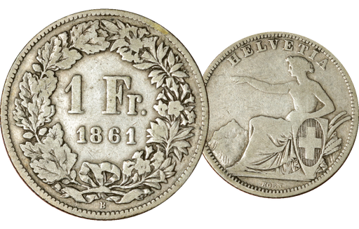 [7884.1861.02] 1861, 1 Fr. Silber-Kursmünze Sitzende Helvetia